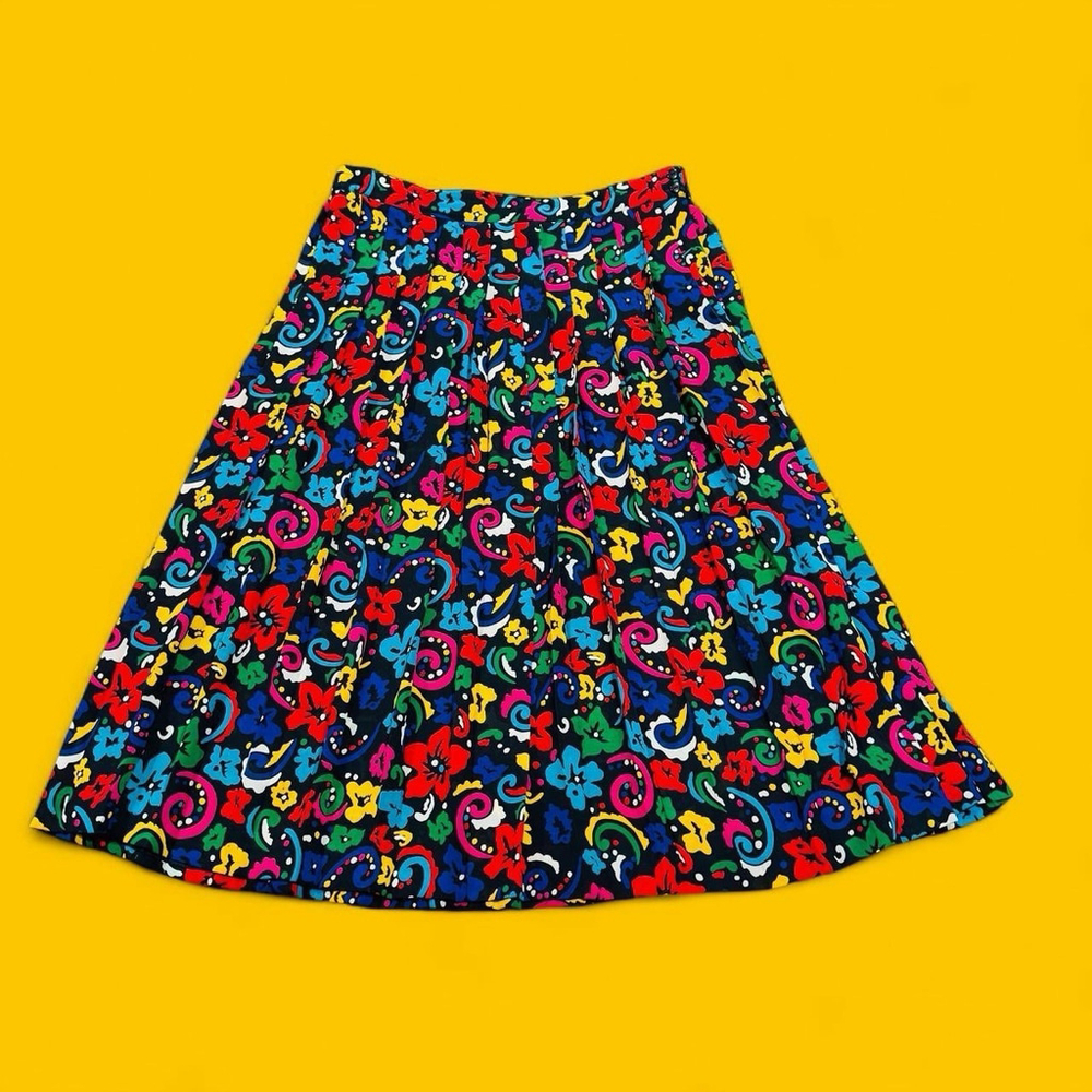 Vintage 90s Abstract Floral Pleated Midi Skirt Womens 12 Side Zip Josephine